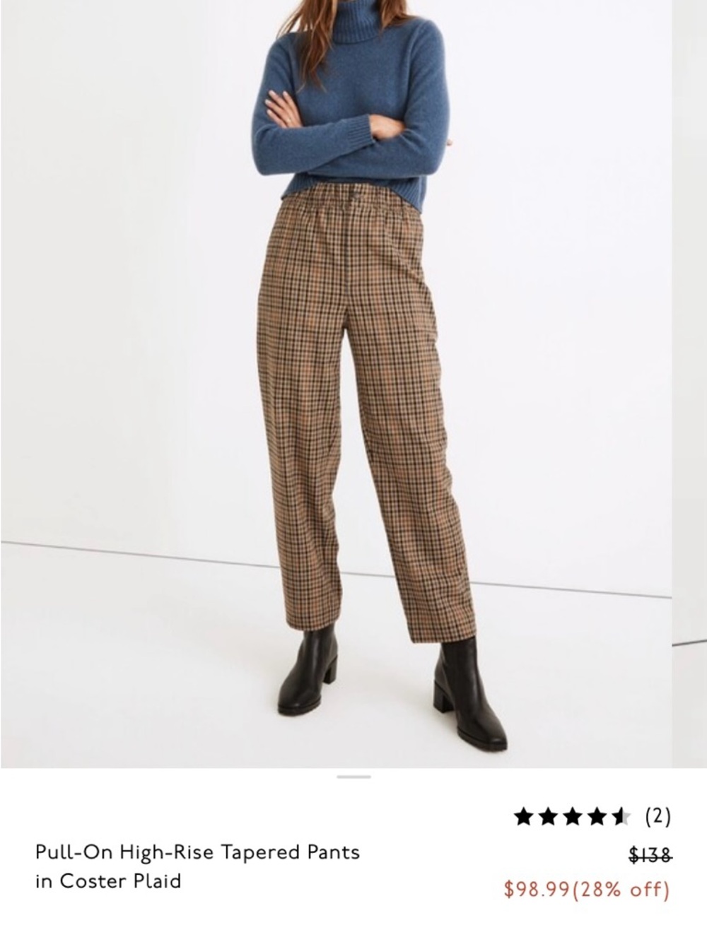 Madewell Brown and Gray Plaid pull on Trousers